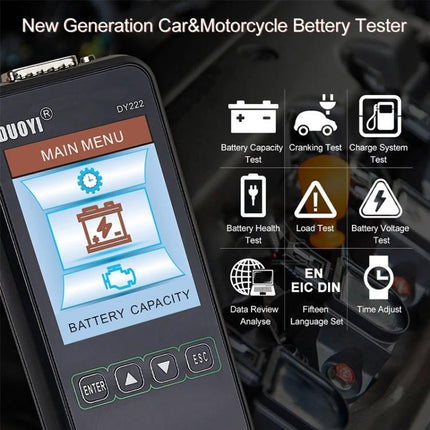 DUOYI Battery Tester for Everyday Vehicle Upkeep handheld tester displaying battery capacity screen and menu icons for cranking, charge system, load and voltage tests