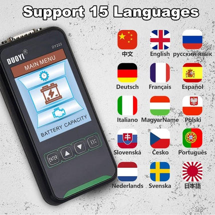 DUOYI Battery Tester for Everyday Vehicle Upkeep handheld device showing main menu and 15 language flags
