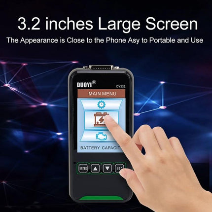 DUOYI Battery Tester for Everyday Vehicle Upkeep showing 3.2-inch touchscreen main menu and hand tapping battery capacity
