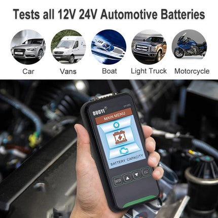 DUOYI Battery Tester for Everyday Vehicle Upkeep handheld diagnostic device showing battery capacity test on a car engine