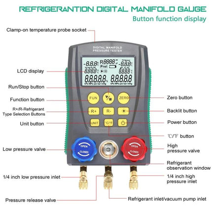 DUOYI Meter for Vehicle Air Conditioning Maintenance Tools digital manifold gauge showing LCD, buttons, high/low pressure valves and temperature probe