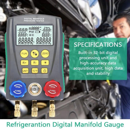 DUOYI Meter for Vehicle Air Conditioning Maintenance Tools digital manifold gauge showing pressure and temperature readings for AC diagnostics