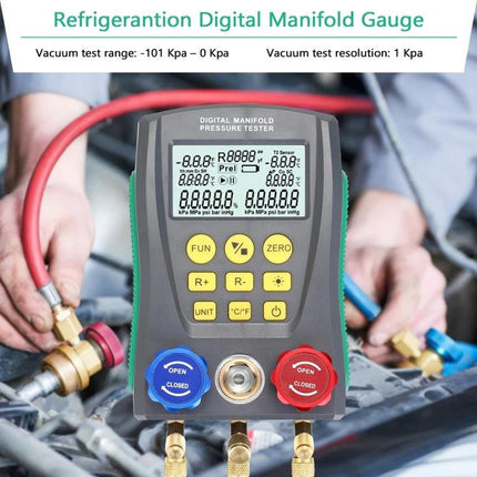 DUOYI Meter for Vehicle Air Conditioning Maintenance Tools digital manifold gauge showing pressure and temperature readings for auto AC diagnostics