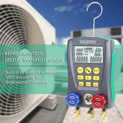 DUOYI Meter for Vehicle Air Conditioning Maintenance Tools handheld digital manifold gauge showing temperature and pressure readings