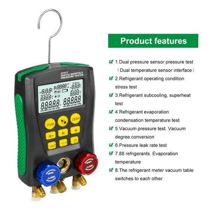 DUOYI Tool for Checking Car Air Conditioning Systems digital manifold gauge showing display, buttons and manifold connections for diagnostic testing