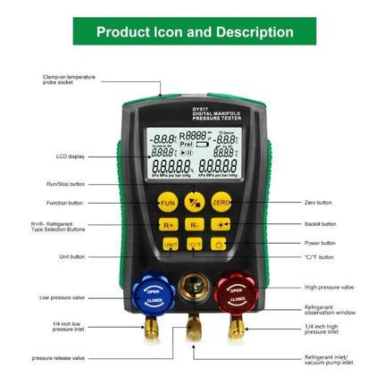 DUOYI Tool for Checking Car Air Conditioning Systems digital manifold pressure tester with blue low and red high pressure valves