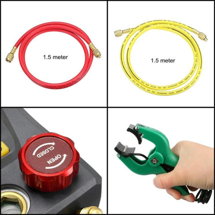 DUOYI Tool for Checking Car Air Conditioning Systems with red and yellow 1.5m hoses, red control knob and green hose cutter