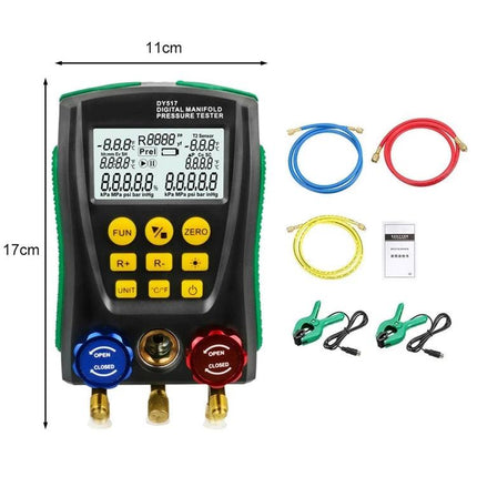 DUOYI Tool for Checking Car Air Conditioning Systems digital manifold pressure tester with hoses and clamps shown