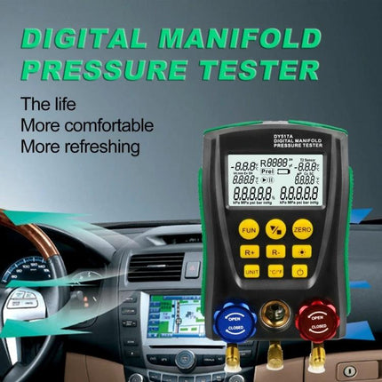 DUOYI Tool for Checking Car Air Conditioning Systems digital manifold pressure tester showing screen, buttons and colored valves