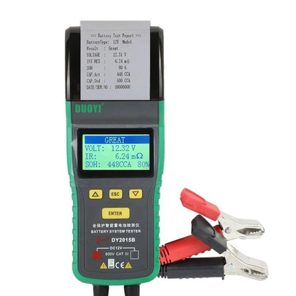 DUOYI Battery Tester for Routine Car Maintenance Checks handheld tester showing voltage and clamp leads