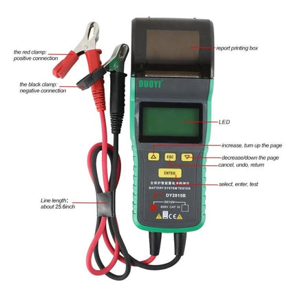 DUOYI Battery Tester for Routine Car Maintenance Checks - handheld automotive battery tester with LCD, clamps and printer