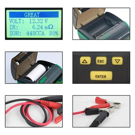 DUOYI Battery Tester for Routine Car Maintenance Checks showing display, clips, cables and control buttons