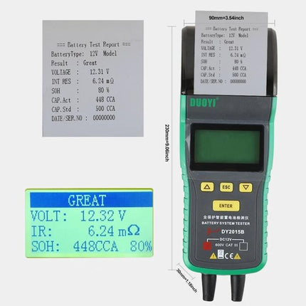 DUOYI Battery Tester for Routine Car Maintenance Checks showing test report, LCD readings (VOLT 12.32V, IR 6.24mΩ, SOH 80%) and device front view