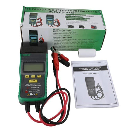 DUOYI Battery Tester for Routine Car Maintenance Checks - handheld automotive battery tester with clips, display, manual and packaging