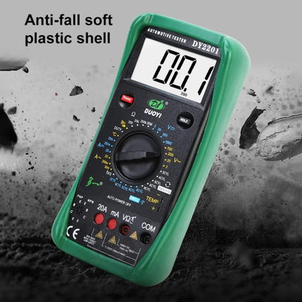 DUOYI Multimeter for Everyday Vehicle Maintenance Tasks showing DY2201 with anti-fall soft plastic shell and large LCD for battery voltage checks