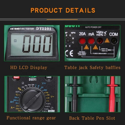 DUOYI Multimeter for Everyday Vehicle Maintenance Tasks showing LCD, safety jacks, range dial and probe storage