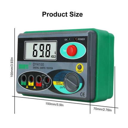 DUOYI Meter for Ground Resistance Checks in Home Maintenance - DY4100 digital earth tester showing 6.98Ω reading and product dimensions