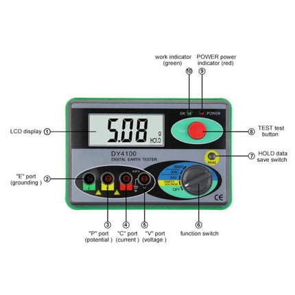 DUOYI Meter for Ground Resistance Checks in Home Maintenance, front view of DY4100 digital earth tester showing LCD, ports and controls