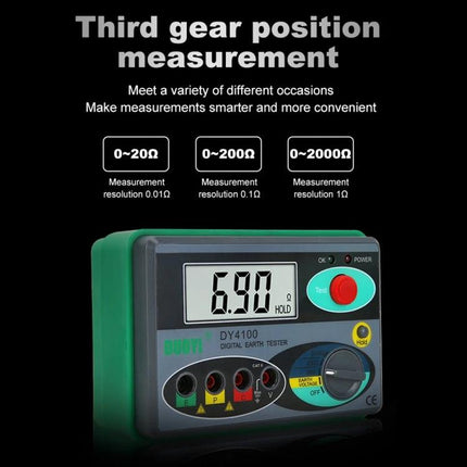 DUOYI Meter for Ground Resistance Checks in Home Maintenance - DY4100 digital earth tester showing 6.90Ω third gear measurement