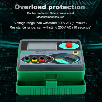 DUOYI Meter for Ground Resistance Checks in Home Maintenance digital earth tester showing overload protection and controls