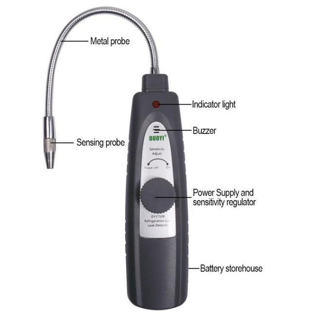 DUOYI Leak Detector for Routine Car Air Conditioning Checks handheld refrigerant leak detector with flexible metal probe and sensitivity dial