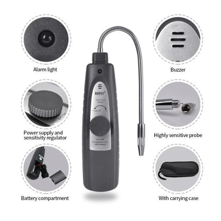 DUOYI Leak Detector for Routine Car Air Conditioning Checks handheld refrigerant leak detector with flexible probe and carrying case