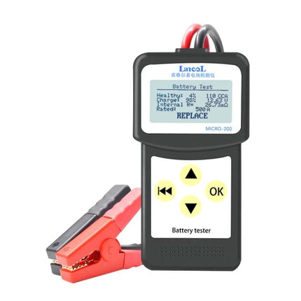 Micro-200 Device For Routine Car Battery Checks At Home handheld battery tester showing display and clamps