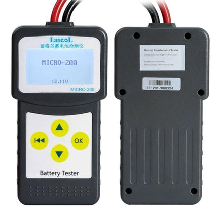 Micro-200 Device For Routine Car Battery Checks At Home handheld battery tester showing front and back views