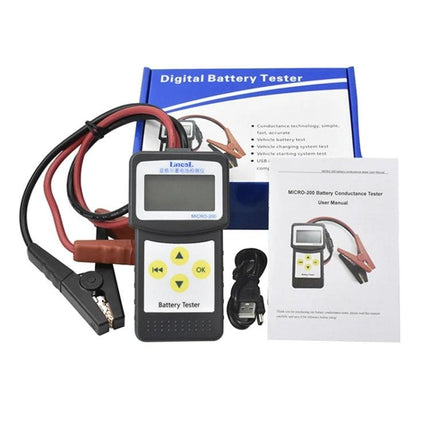 Micro-200 Device For Routine Car Battery Checks At Home handheld battery tester with clamps, display and user manual for at-home car battery checks
