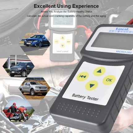 Micro-200 Device For Routine Car Battery Checks At Home handheld battery tester showing display and controls for cars trucks and motorcycles
