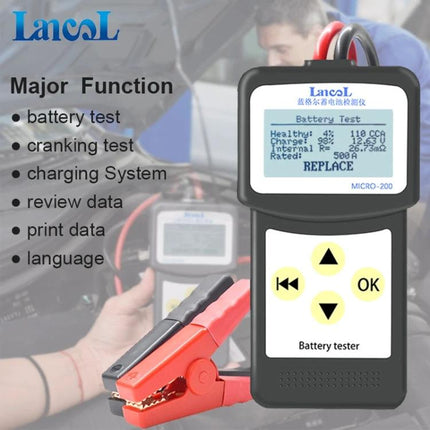 Micro-200 Device For Routine Car Battery Checks At Home handheld battery tester showing screen and clamps for lead-acid, EFB, AGM battery checks