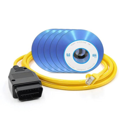 ESYS Hidden Car Cable for BMW F-Series Everyday Use – yellow OBD connector cable with blue software discs for in-car settings