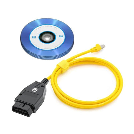 ESYS Hidden Car Cable for BMW F-Series Everyday Use — yellow diagnostic OBD-II cable with CD for in-car coding and settings