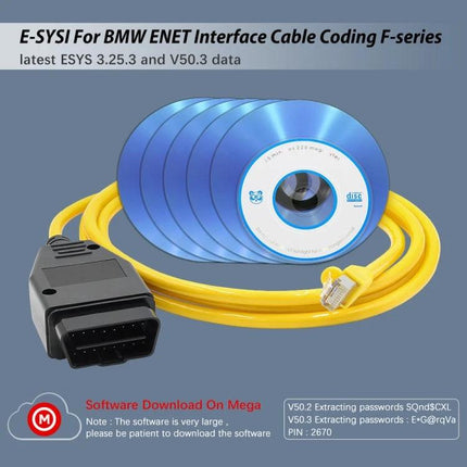ESYS Hidden Car Cable for BMW F-Series Everyday Use - yellow ENET cable with OBD connector and software discs