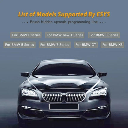 ESYS Hidden Car Cable for BMW F-Series Everyday Use - front view of BMW with list of supported models