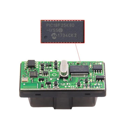 Compact tool for everyday car maintenance and checks OBD2 scanner showing internal circuit board and PIC18F25K80 chip