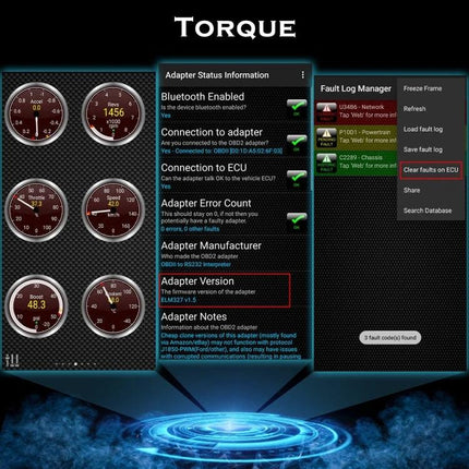 Compact tool for everyday car maintenance and checks OBD2 scanner app dashboard showing adapter status and fault log