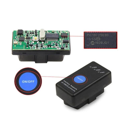 Compact Scanner for Monitoring Car Health During Daily Drives - Bluetooth OBD2 device with ON/OFF button and exposed circuit board