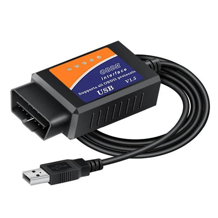 Car Diagnostic Scanner for Routine Vehicle Checks plugged into OBD-II port with USB cable for home vehicle health checks