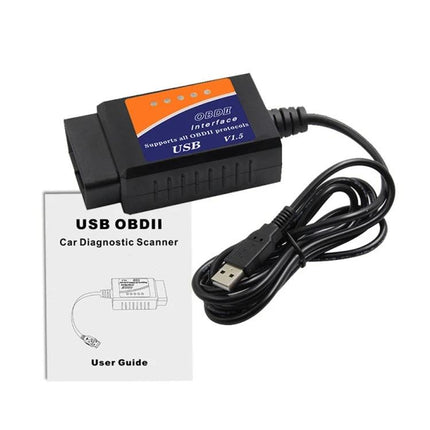 Car Diagnostic Scanner for Routine Vehicle Checks USB OBDII scanner with cable and user guide for home vehicle health checks