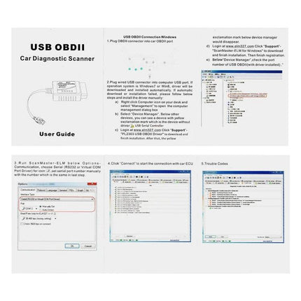 Car Diagnostic Scanner for Routine Vehicle Checks user guide showing USB OBDII setup and trouble code screenshots