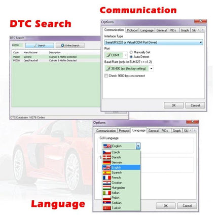 Car Diagnostic Scanner for Routine Vehicle Checks - screenshot showing DTC search, communication settings, and language options