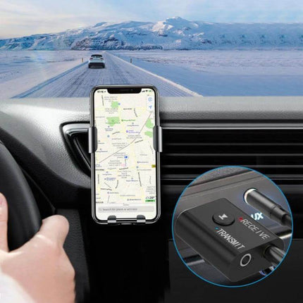 Car Bluetooth Transmitter Receiver With Microphone plugged into car stereo, hands-free calling and wireless music streaming while driving