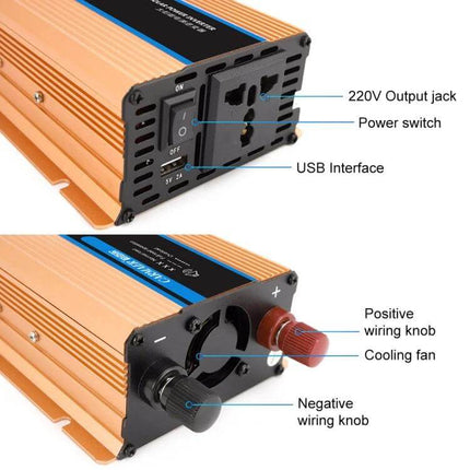 Carmaer 2200W Power Inverter for Car and Home Use - gold 48V inverter with 220V outlet, USB port, power switch, cooling fan and positive/negative wiring knobs