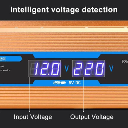 Carmaer 2200W Power Inverter for Car and Home Use showing digital display of 12.8V input and 220V output with intelligent voltage detection