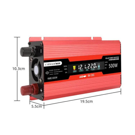 Carmaer Power Inverter for Car to Household Conversion with Display - red 500W inverter showing digital screen and dimensions
