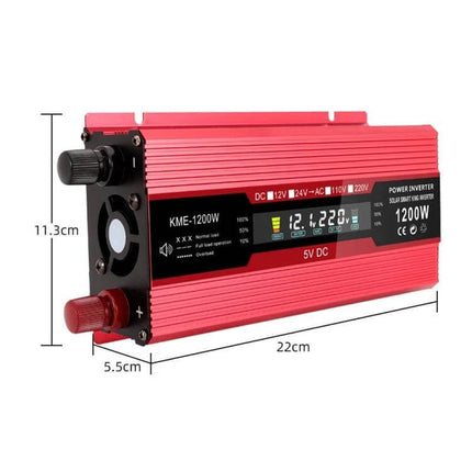 Carmaer Power Inverter for Household Use with LCD Display showing red 1200W unit with LCD readout and terminals