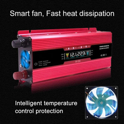 Carmaer Power Inverter for Household Use with LCD Display showcasing red 12V-to-220V inverter with LCD readout and cooling fan