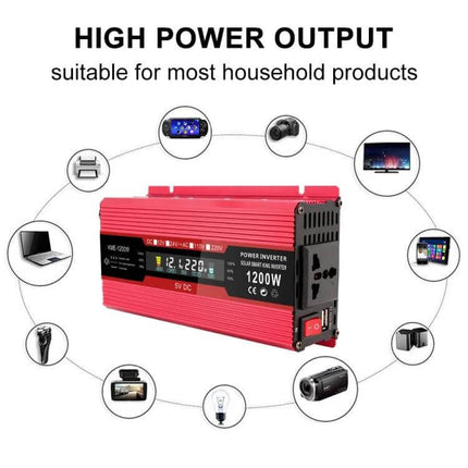 Carmaer Power Inverter for Household Use with LCD Display - red 1200W inverter showing LCD and multiple device icons