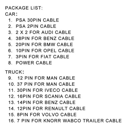 Conversion Cable Set for Daily Vehicle Checks and Maintenance - labeled package list showing PSA, Audi, BMW, Benz, Opel, Fiat and truck pins